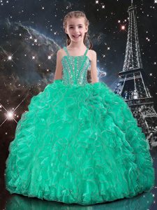 Straps Sleeveless Lace Up Child Pageant Dress Turquoise Organza