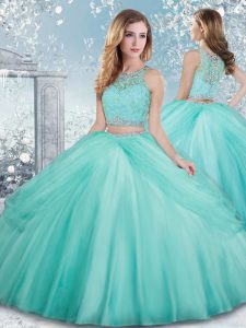 Scoop Sleeveless 15 Quinceanera Dress Floor Length Beading and Lace Aqua Blue Tulle