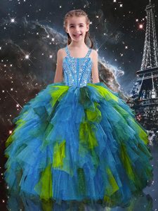 Sleeveless Tulle Floor Length Lace Up Little Girls Pageant Gowns in Baby Blue with Beading and Ruffles