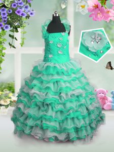Nice Green Ball Gowns Beading and Appliques and Ruffled Layers Little Girl Pageant Gowns Lace Up Organza Sleeveless Floor Length