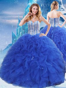 Fabulous Royal Blue Quinceanera Gowns Military Ball and Sweet 16 and Quinceanera with Beading and Ruffles and Sequins Sweetheart Sleeveless Lace Up