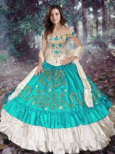Latest Sleeveless Elastic Woven Satin Floor Length Lace Up Quinceanera Gowns in Blue And White with Embroidery and Ruffled Layers
