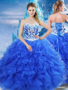 Blue Ball Gowns Organza Sweetheart Sleeveless Beading and Ruffles Floor Length Lace Up Quinceanera Dresses
