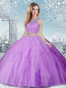 Lavender Ball Gowns Scoop Sleeveless Tulle Floor Length Clasp Handle Beading Ball Gown Prom Dress