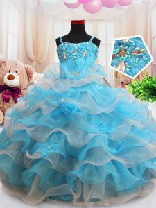 Straps Floor Length Zipper Little Girl Pageant Gowns Baby Blue for Quinceanera and Wedding Party with Beading and Appliques and Ruffled Layers