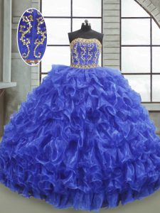 Floor Length Royal Blue Vestidos de Quinceanera Organza Sleeveless Beading and Appliques and Ruffles