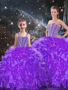 Elegant Eggplant Purple Sleeveless Floor Length Beading and Ruffles Lace Up Ball Gown Prom Dress