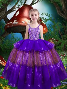 High End Floor Length Purple Child Pageant Dress Organza Sleeveless Beading and Ruffled Layers