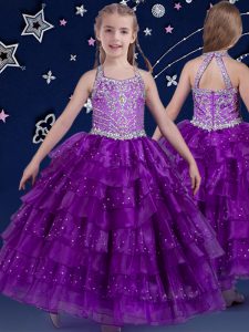 Custom Design Halter Top Eggplant Purple Sleeveless Floor Length Beading and Ruffled Layers Zipper Girls Pageant Dresses