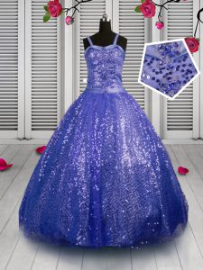 Super Sleeveless Floor Length Beading and Sequins Lace Up Kids Pageant Dress with Blue