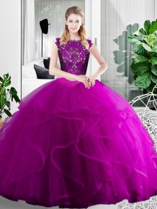Sleeveless Floor Length Lace and Ruffles Zipper Quinceanera Gown with Fuchsia