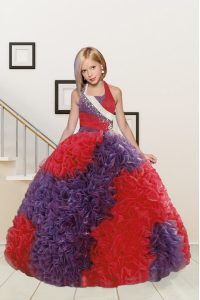 Hot Sale Halter Top Floor Length Red and Purple Pageant Gowns For Girls Fabric With Rolling Flowers Sleeveless Beading and Ruffles