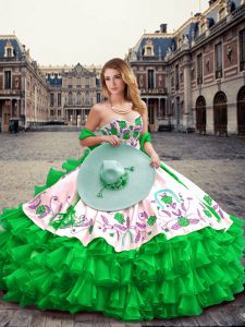 Classical Green Lace Up Sweetheart Embroidery and Ruffled Layers 15th Birthday Dress Organza and Taffeta Sleeveless