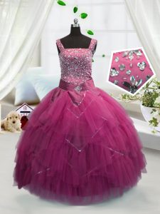 Rose Pink Kids Pageant Dress Party and Wedding Party with Beading and Ruffles Straps Sleeveless Lace Up