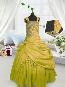 Customized Gold Ball Gowns Beading and Pick Ups Little Girls Pageant Dress Wholesale Lace Up Satin Sleeveless Floor Length