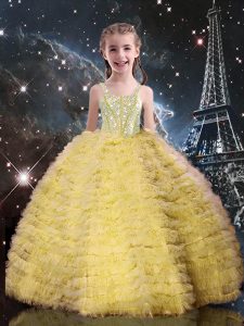 Beading and Ruffled Layers Girls Pageant Dresses Champagne Lace Up Sleeveless Floor Length