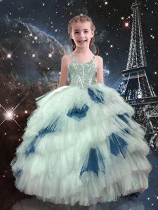 Customized White Lace Up Straps Beading and Ruffled Layers Child Pageant Dress Tulle Sleeveless