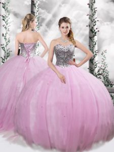 Lilac Ball Gowns Sweetheart Sleeveless Tulle Brush Train Lace Up Beading Sweet 16 Dress