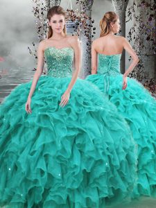 Custom Fit Turquoise Ball Gowns Sweetheart Sleeveless Organza Floor Length Lace Up Beading and Ruffles Sweet 16 Dresses