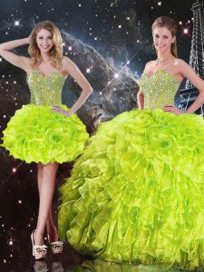 Chic Sweetheart Sleeveless Quince Ball Gowns Floor Length Beading and Ruffles Yellow Green Organza