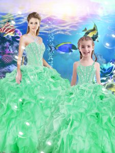 Excellent Beading and Ruffles Quinceanera Gown Apple Green Lace Up Sleeveless Floor Length