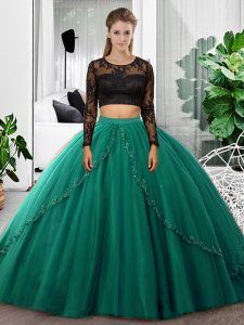 Deluxe Long Sleeves Backless Floor Length Lace and Ruching Sweet 16 Quinceanera Dress
