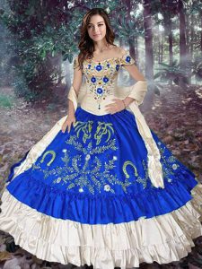 Glorious Royal Blue Lace Up Off The Shoulder Embroidery and Ruffled Layers Quince Ball Gowns Taffeta Sleeveless