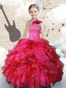 Hot Pink Lace Up One Shoulder Beading and Ruffles Girls Pageant Dresses Organza Sleeveless