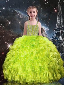 Gorgeous Floor Length Lace Up Little Girls Pageant Dress Yellow Green for Quinceanera and Wedding Party with Beading and Ruffles