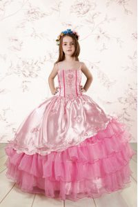 Cute Rose Pink Lace Up Spaghetti Straps Embroidery and Ruffled Layers Little Girl Pageant Dress Organza Sleeveless