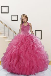 Excellent Halter Top Pink Organza Lace Up Kids Pageant Dress Sleeveless Floor Length Beading and Ruffles