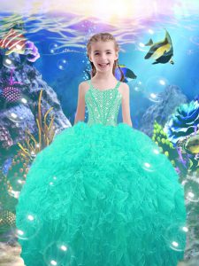 Turquoise Sleeveless Organza Lace Up Little Girl Pageant Gowns for Quinceanera and Wedding Party
