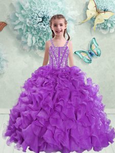 Eggplant Purple Straps Neckline Beading and Ruffles Child Pageant Dress Sleeveless Lace Up