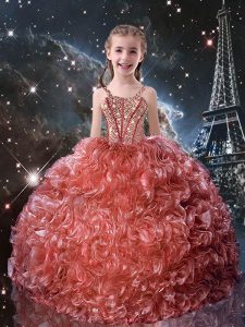 Great Ball Gowns Child Pageant Dress Watermelon Red Straps Organza Sleeveless Floor Length Lace Up