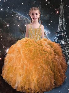 Stunning Straps Sleeveless Child Pageant Dress Floor Length Beading and Ruffles Orange Red Organza