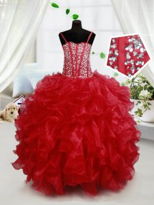 Customized Red Spaghetti Straps Lace Up Beading and Ruffles Kids Pageant Dress Sleeveless