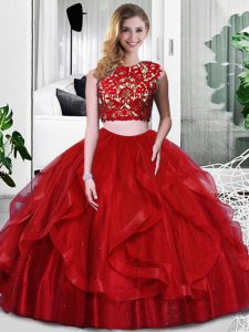 Dynamic Wine Red Tulle Zipper Scoop Sleeveless Floor Length Quinceanera Dress Lace and Ruffles