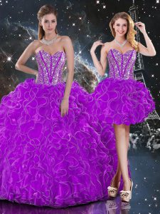 Dazzling Sweetheart Sleeveless Quinceanera Gowns Floor Length Beading and Ruffles Purple Organza