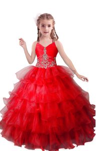 Red Zipper Little Girls Pageant Gowns Beading and Ruffled Layers Sleeveless Floor Length