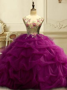 Scoop Sleeveless Quinceanera Gowns Floor Length Appliques and Ruffles and Sequins Fuchsia Organza