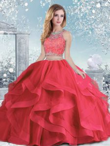 Coral Red Quinceanera Dress Military Ball and Sweet 16 and Quinceanera with Beading and Ruffles Scoop Sleeveless Clasp Handle