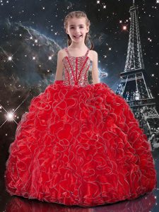 Floor Length Coral Red Little Girls Pageant Dress Straps Sleeveless Lace Up