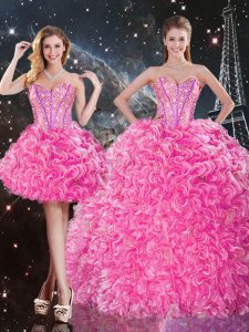 Amazing Sleeveless Floor Length Beading and Ruffles Lace Up Quinceanera Gown with Rose Pink