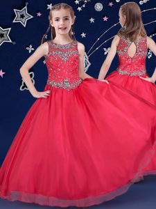 New Arrival Scoop Sleeveless Floor Length Beading Zipper Girls Pageant Dresses with Red