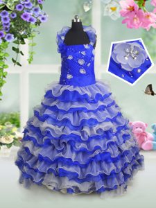 Royal Blue Sleeveless Beading and Appliques and Ruffled Layers Floor Length Kids Pageant Dress