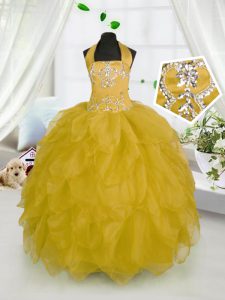 Low Price Halter Top Gold Sleeveless Floor Length Beading and Ruffles Lace Up Child Pageant Dress