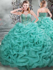 Turquoise Organza Lace Up Sweet 16 Dresses Sleeveless Brush Train Beading and Pick Ups
