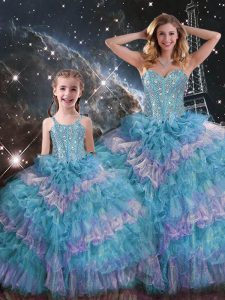 Shining Organza Sweetheart Sleeveless Lace Up Beading and Ruffled Layers Quince Ball Gowns in Multi-color