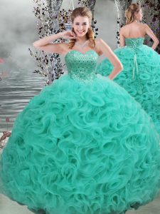 Turquoise Ball Gowns Sweetheart Sleeveless Fabric With Rolling Flowers Brush Train Lace Up Beading Quince Ball Gowns