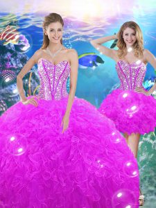 Graceful Floor Length Ball Gowns Sleeveless Fuchsia Sweet 16 Dresses Lace Up